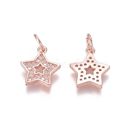 Brass Micro Pave Clear Cubic Zirconia Charms, with Jump Rings, Star, Rose Gold, 12x10x2mm, Jump Ring: 5x0.7mm, Inner Diameter: 3.6mm(ZIRC-I036-04RG)