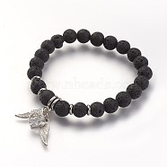 Natural Lava Rock Beads Stretch Bracelets, with Alloy Pendants, Black, 2 inch(53mm)(X-BJEW-JB02712)