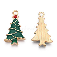Rack Plating Alloy Enamel Pendants, Cadmium Free & Nickel Free & Lead Free, Light Gold, Christmas Tree, Dark Green, 26x15x3mm, Hole: 2mm(ENAM-N055-124)