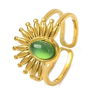 Oval Natural Green Onyx Agate Finger Rings, Half Flower Golden Tone 304 Stainless Steel Cuff Rings for Women, Half flower: 12.5x15.5mm, US Size 6(16.5mm)(RJEW-Q822-49G-01)