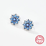 Flower Rhodium Plated Platinum 925 Sterling Silver Stud Earrings, with Cubic Zirconia, Blue, 17mm(IH4052)