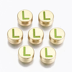Alloy Enamel Beads, Cadmium Free & Lead Free, Flat Round with Initial Letters, Light Gold, Yellow Green, Letter.L, 8x4mm, Hole: 1.5mm(X-ENAM-S122-029L-RS)