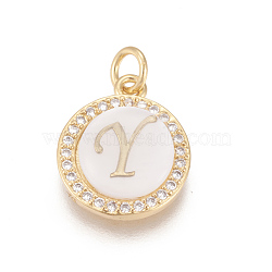 Brass Micro Pave Cubic Zirconia Pendants, with Shell, Long-Lasting Plated, Lead Free & Cadmium Free & Nickel Free, Real 18K Gold Plated, Flat Round with Letter, Clear, Letter.Y, 16x13.5x3mm, Hole: 3mm(ZIRC-L078-043Y-NR)