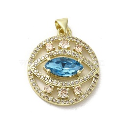 Brass Micro Pave Cubic Zirconia Pendants, with Glass, Real 18K Gold Plated, Flat Round with Eye, Deep Sky Blue, 26x22x5.5mm, Hole: 3.3x3.7mm(KK-E092-30G-02)