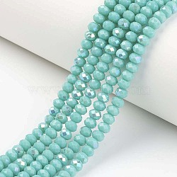 Electroplate Opaque Solid Color Glass Beads Strands, Half Rainbow Plated, Faceted, Rondelle, Turquoise, 4x3mm, Hole: 0.4mm, about 113~115pcs/strand, 41~42cm(EGLA-A034-P4mm-L15)