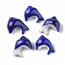 Handmade Porcelain Beads,  Famille Rose Style, Dolphin, Medium Blue, 14~16x19.5~21x9~10.5mm, Hole: 1.6~2mm(PORC-N004-105A)