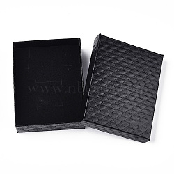 Rhombus Textured Cardboard Jewelry Boxes, with Black Sponge, for Jewelry Gift Packaging, Rectangle, Black, 9x7x2.6cm; Inside: 8.3×6.4cm.(CBOX-T006-01G)