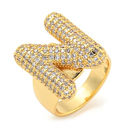 Brass Micro Pave Clear Cubic Zirconia Letter Open Cuff Ring for Women, Real 18K Gold Plated, Letter N, 22x18mm, Inner Diameter: 21mm(RJEW-M173-01G-N)