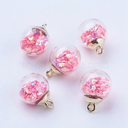 Glass Ball Pendants, with CCB Plastic, Round, Golden, Pink, 21x16mm, Hole: 2mm(GLAA-G052-01G)