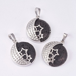 Natural Lava Rock Pendants, with Brass Findings, Flat Round with Star, Platinum, 26x23x9mm, Hole: 5x7mm(G-P373-G07)