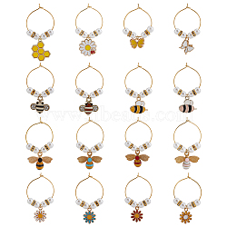 16Pcs 16 Style Bees & Flower Theme Alloy Enamel Wine Glass Charms, Goblet Marker, with Brass Wine Glass Charm Rings, Golden, 38~48mm, 1pc/style(AJEW-BC0003-91)