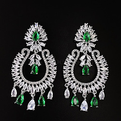 Teardrop Brass Micro Pave Cubic Zirconia Chandelier Earrings, Platinum, Green, 52x26mm(FS-WG7EBA5-01)