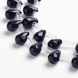 Synthetic Blue Goldstone Beads Strands, Top Drilled Beads, Teardrop, Faceted, 9x6mm, Hole: 1mm, about 38~44pcs/strand, 16.1 inch~18.1 inch(41~46cm)(G-J360-07)
