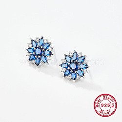 Anti-Tarnish Flower Rhodium Plated Platinum 925 Sterling Silver Stud Earrings, with Cubic Zirconia, Blue, 17mm(IH4052)