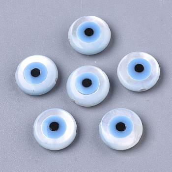 Natural White Shell Mother of Pearl Shell Beads, with Synthetic Turquoise, Evil Eye, Deep Sky Blue, 8x3mm, Hole: 0.8mm