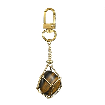 Brass Braided Chain Pouch Empty Stone Holder Pendant Decorations, with Alloy Swivel Clasps, Golden, 85mm