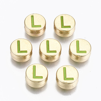 Alloy Enamel Beads, Cadmium Free & Lead Free, Flat Round with Initial Letters, Light Gold, Yellow Green, Letter.L, 8x4mm, Hole: 1.5mm