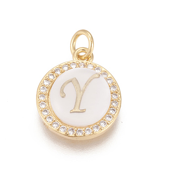 Brass Micro Pave Cubic Zirconia Pendants, with Shell, Long-Lasting Plated, Lead Free & Cadmium Free & Nickel Free, Real 18K Gold Plated, Flat Round with Letter, Clear, Letter.Y, 16x13.5x3mm, Hole: 3mm