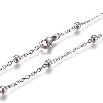 304 Stainless Steel Cable Chain Necklaces, with Round Beads and Lobster Claw Clasps, Stainless Steel Color, 17.71 inch(45cm), 2mm