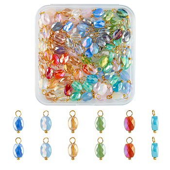 100Pcs 5 Colors Electroplate Glass Pendants, with Golden Plated Brass Loops, Faceted, Oval, Mixed Color, 13~14x6~6.5x4~4.5mm, Hole: 2~3mm, 20pcs/color