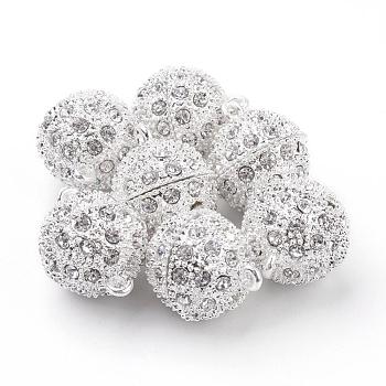 Alloy Magnetic Clasps with Loops, with Rhinestone, Round, Silver Color Plated, 23x16mm, Hole: 2mm