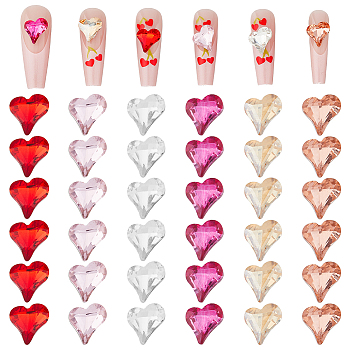 SUPERFINDINGS 36Pcs 6 Colors Back Plated Glass Rhinestone Cabochons, Nail Art Decoration Accessories, Heart, Mixed Color, 8x8x4mm, 6pcs/color