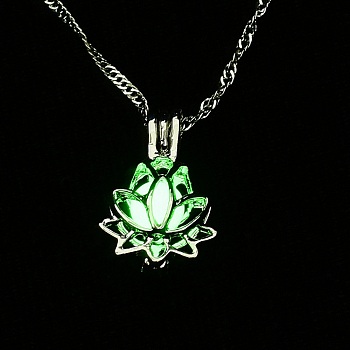 Luminous Alloy Locket Lotus Pendant Necklaces, Glow in the Dark, Lime, 18.38 inch(46.7cm)