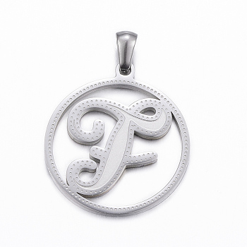 304 Stainless Steel Pendants, Flat Round with Letter.F, Stainless Steel Color, 28x25x1.2mm, Hole: 6x3mm