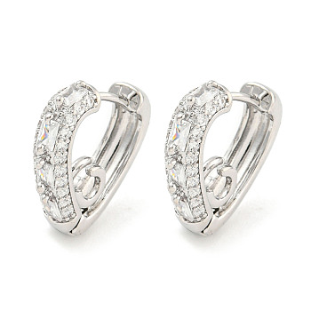 Brass Micro Pave Clear Cubic Zirconia Hoop Earrings, for Women, V-Shaped, Real Platinum Plated, 15x4mm