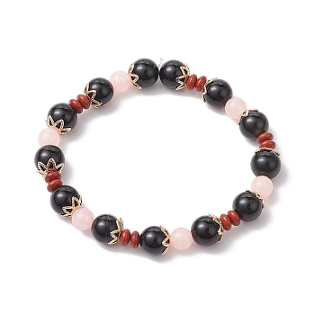 Natural Red Jasper & Black Onyx(Dyed & Heated) & Luminous Acrylic Beaded Stretch Bracelets for Women Men, Inner Diameter: 2 inch(5cm)