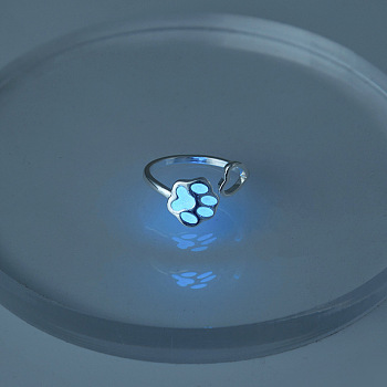 Luminous Brass Paw Print and Heart Open Cuff Ring, Glow In The Dark Jewelry for Women, Cornflower Blue, US Size 6 1/2(16.9mm)