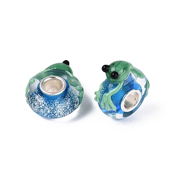 3D Lampwork & Brass Core European Beads, Large Hole Beads, Rondelle, with Silver Foil, Frog, 17~17.5x14.5~15x7.5mm, Hole: 4.5mm