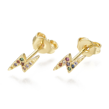 Brass Micro Pave Cubic Zirconia(Random Mixed Color) Flash Stud Earrings, Crawler Earrings/Climber Earrings, with Ear Nuts, Lightning Bolt, Golden, 9x3.5mm, Pin: 0.7mm