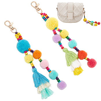 WADORN 2Pcs 2 Colors Colorful Boho Pompom Ball Tassel Polyester Pendant Decorations with Wood Bead for Women, for Keychain Car Keyring Handbag Bag Purse Pendant, Mixed Color, 205~210mm, 1pc/color