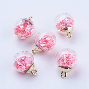 Glass Ball Pendants, with CCB Plastic, Round, Golden, Pink, 21x16mm, Hole: 2mm