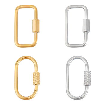 4Pcs 4 Styles Ion Plating(IP) 304 Stainless Steel Screw Carabiner Lock Charms, for Necklaces Making, Oval & Rectangle, Golden & Stainless Steel Color, 25.5~26x14~14x4mm, Screw: 7~8x4~4.5mm, 1pc/style