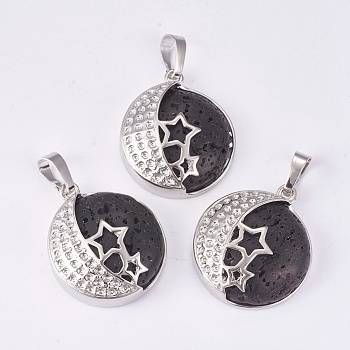 Natural Lava Rock Pendants, with Brass Findings, Flat Round with Star, Platinum, 26x23x9mm, Hole: 5x7mm