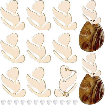 BENECREAT 10Pcs Brass Stud Earring Findings, with Vertical Loops and 40Pcs Plastic Ear Nuts, Leaf, Nickel Free, Real 18K Gold Plated, 21x15mm, Hole: 1.8mm, Pin: 1mm