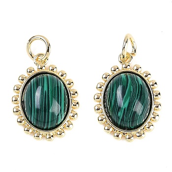 Synthetic Malachite Oval Pendants, Brass Oval Charms with Jump Rings, Real 18K Gold Plated, 16x12x5mm, Hole: 3mm