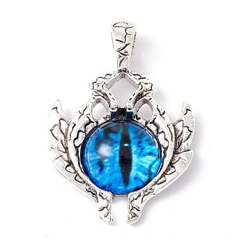 Glass Pendants, with Antique Silver Plated Alloy Findings, Evil Eye, Deep Sky Blue, 42x29x8.5mm, Hole: 6x4mm