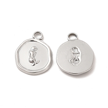 304 Stainless Steel Pendants, Flat Round with Mermaid Charm, Stainless Steel Color, 16x13x2mm, Hole: 2mm
