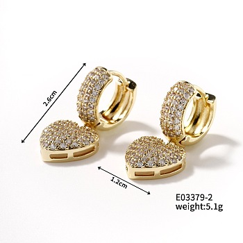 Elegant Copper Inlaid Zircon Heart Hoop Earrings, Fashionable and Versatile, Golden, 26x12mm