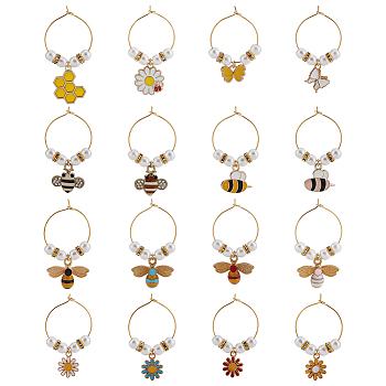 16Pcs 16 Style Bees & Flower Theme Alloy Enamel Wine Glass Charms, Goblet Marker, with Brass Wine Glass Charm Rings, Golden, 38~48mm, 1pc/style