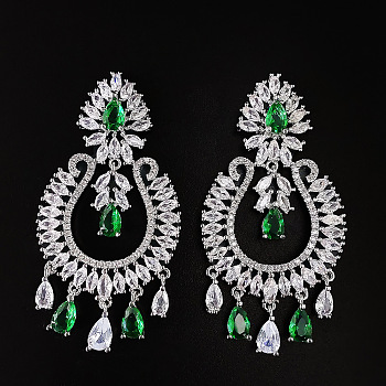 Teardrop Brass Micro Pave Cubic Zirconia Chandelier Earrings, Platinum, Green, 52x26mm