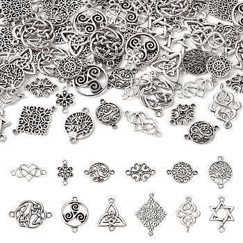 Pandahall 72Pcs 12 Styles Tibetan Style Alloy Connector Charms, Cadmium Free & Nickel Free & Lead Free, Flat Round & Rhombus & Flower, Mixed Shapes, Antique Silver, 12.5~29x13~24x1~2mm, Hole: 1.5~2.5mm, about 6pcs/style