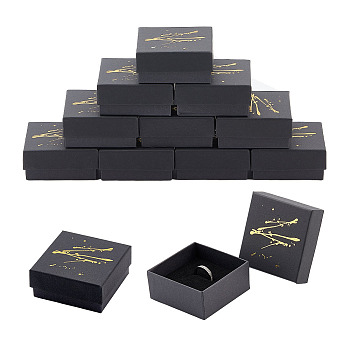 HOBBIESAY 12Pcs Hot Stamping Cardboard Jewelry Packaging Boxes, with Sponge Inside, for Rings, Small Watches, Necklaces, Earrings, Bracelet, Square, Black, 7.5x7.5x3.5cm