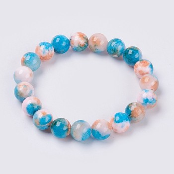 Natural Jade Beaded Stretch Bracelet, Dyed, Round, Deep Sky Blue, 2 inch(5cm), beads: 6mm