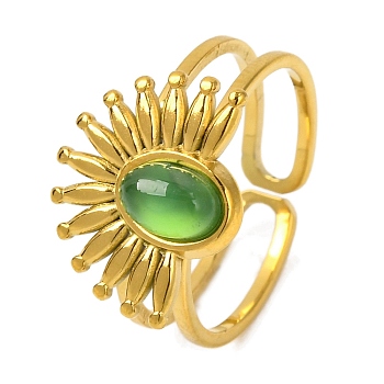 Oval Natural Green Onyx Agate Finger Rings, Half Flower Golden Tone 304 Stainless Steel Cuff Rings for Women, Half flower: 12.5x15.5mm, US Size 6(16.5mm)