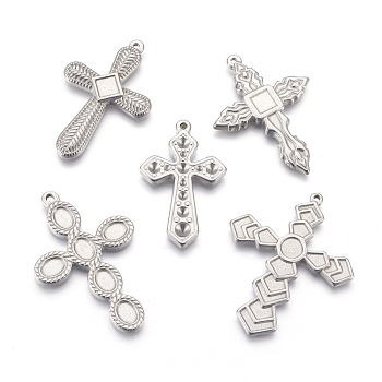 304 Stainless Steel Pendants Rhinestone/Cabochon Setting, Cross, Stainless Steel Color, Fit for 1.5~3mm Rhinestone, Tray: 5~10mm, 40~50x25~39x3~4mm, Hole: 1.2~2mm