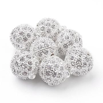 Alloy Magnetic Clasps, with Rhinestone, Round, Silver Color Plated, 23x16mm, Hole: 2mm(RB-H115-S)